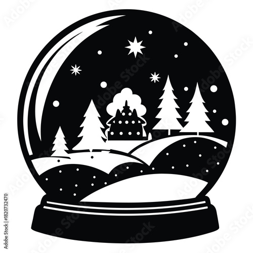 Snow globe showcases wintry monochrome with trees, stars, and snowy hills on dark backdrop