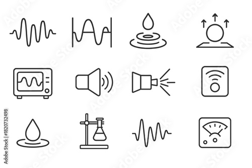 Sound Manipulation Icons. Line style icons of Sound Manipulation: Sound Wave, Standing Wave, Floating Droplet, Anti-Gravity Effect