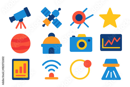 Space Research Icons. Flat vector icons of Space Research & Observation: Telescope, Satellite, Space Probe, Star, Planet,