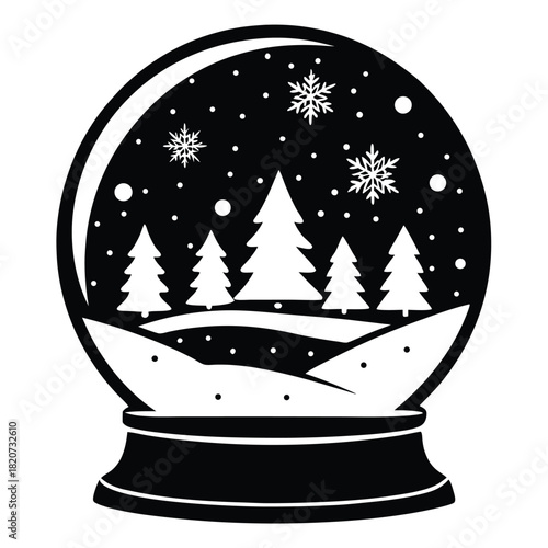 Snowflakes fall upon white trees inside this snow globe winter wonderland silhouette