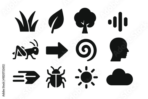 Natural Habitat Icons. Solid style icons of acoustic environment and habitat: grass, leaf, tree, sound wave, cricket, arrow,