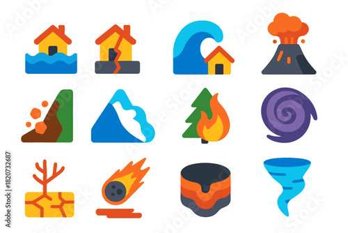 Natural Disaster Icons. Flat vector icons of Natural Disasters: Flood, Earthquake, Tsunami, Volcanic Eruption, Landslide,