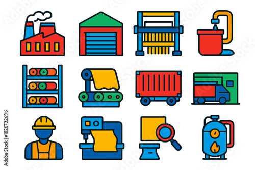 Textile Industry Icons. Flat vector icons of Textile Industry Infrastructure: Factory, Warehouse, Loom Hall, Dyeing Unit, Storage