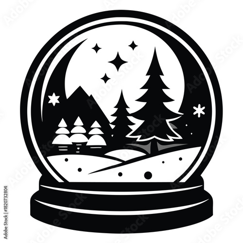 Black silhouette shows wintry landscape with fir trees, stars and mountain inside the sphere