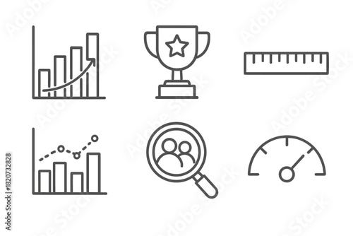 Benchmarking Icons. Line style icons of Benchmarking: comparison graph, best practice trophy, standard ruler icon, performance vs
