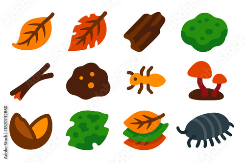 Leaf Litter Elements. Flat vector icons of Leaf Litter: curled leaf, shredded leaf, bark piece, moss patch, twig fragment, soil