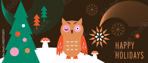 Christmas decoration, horizontal christmas banner with snowflakes, christmas stars, tree , cute owl in minimal geometric syle

