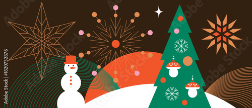 Christmas decoration, horizontal christmas banner with snowflakes, christmas stars, tree , snowman in minimal geometric syle
