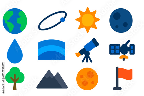 Habitable Planet Icons. Flat vector icons of Habitable Planets: Earth-like Planet, Orbit Path, Sun, Moon, Water Drop, Atmosphere
