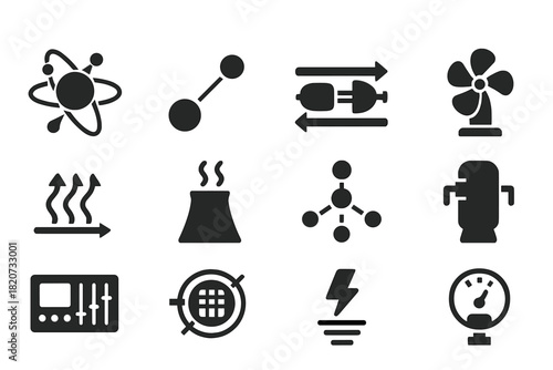 Nuclear Energy Icons. Solid style icons of nuclear energy processes: fission reaction, neutron emission, heat exchanger, turbine,