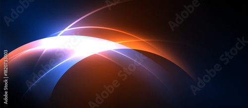 Abstract design features curved lines, vibrant colors. Blue, orange, white blend creating dynamic visual effect. Dark background emphasizes luminosity.