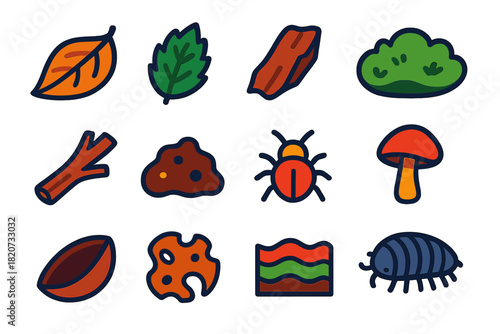 Leaf Litter Elements. Flat vector icons of Leaf Litter: curled leaf, shredded leaf, bark piece, moss patch, twig fragment, soil