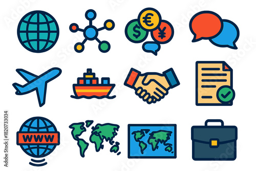 Globalization Icons Set. Flat vector icons of Globalization: Globe, Network, Currency Symbols, Communication Icon, Airplane,