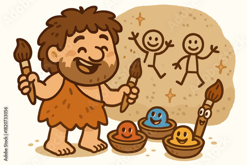 Prehistoric Artist at Work. Cheerful doodle prehistoric artist at work with smiling human figures, cartoon pigments in bowls,