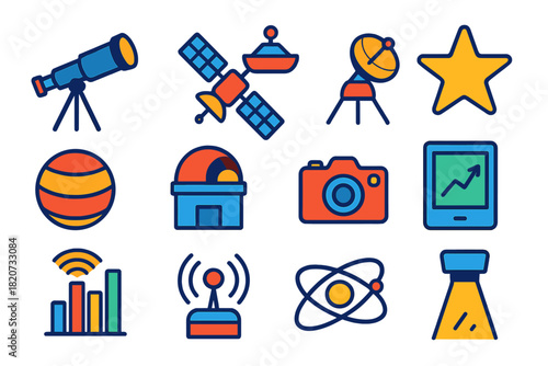 Space Research Icons. Flat vector icons of Space Research & Observation: Telescope, Satellite, Space Probe, Star, Planet,