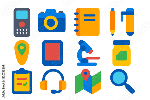 Ethnographic Tools Icons. Flat vector icons of Ethnographic Tools: Voice Recorder, Camera, Notebook, Pen, GPS Tracker, Tablet,