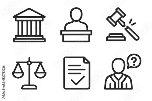 Jury Nullification Icons. Line style icons of Jury Nullification: courthouse, juror silhouette, broken gavel, empty balance scales