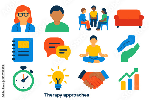 Therapy Icons Set. Flat vector icons of Therapy Approaches: Therapist, Patient, Group Circle, Couch, Notebook, Conversation Bubble