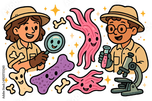 Cheerful Paleontologist Adventure. Magical doodle soft tissue investigation with cheerful paleontologists, cartoon bones and