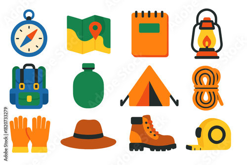 Fieldwork Essentials Icons. Flat vector icons of Fieldwork Essentials: compass, map, field notebook, lantern, backpack, water