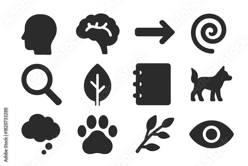 Cognitive Ecology Icons. Solid style icons of cognitive ecology and animal behavior: human silhouette, brain, arrow, spiral,