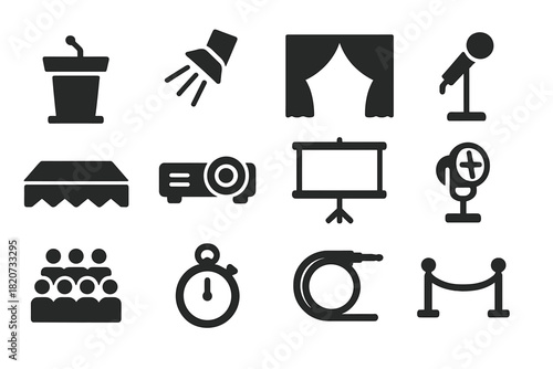 Stage Setup Icons. Solid style icons of stage setup: podium, spotlight, stage curtain, microphone stand, stage floor, projector,