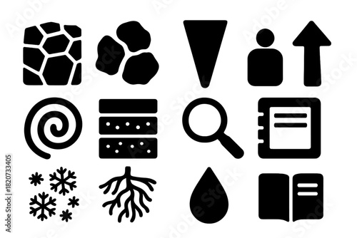Permafrost Geomorphology Icons. Solid style icons of geomorphology and landforms in permafrost: polygonal terrain, rocks, ice