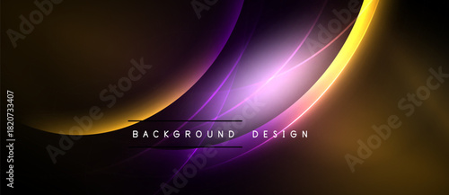 Abstract background features flowing curves, vibrant colors. Gold, purple, dark shades create dynamic visual effect. Modern design element.