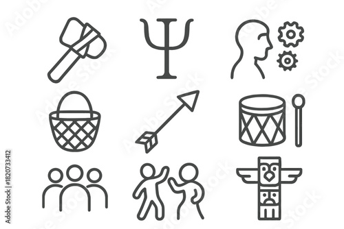Cultural Icons and Tools. Line style icons of Human Practices: Hand Tool, Language Symbol, Observed Action, Cultural Ceremony;