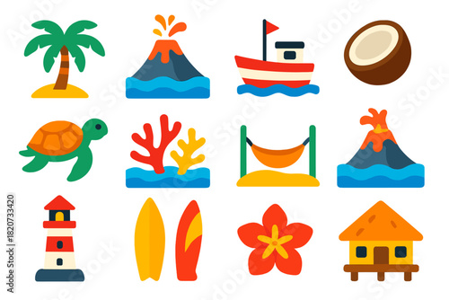Volcanic Island Icons. Flat vector icons of volcanic island life: palm tree, coastal cliff, fishing boat, coconut, sea turtle,