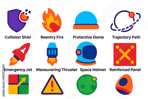 Orbital Safety Icons. Flat vector icons of Orbital Safety: collision shield, reentry fire, protective dome, trajectory path,