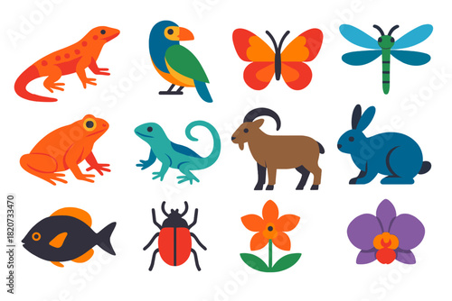 Volcanic Wildlife Icons. Flat vector icons of volcanic ecosystem wildlife: lava lizard, exotic bird, butterfly, dragonfly,