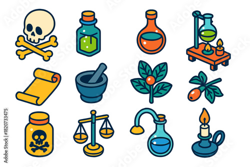 Vintage Toxicology Set. Isometric vector illustration set Vintage Toxicology: crossbones motif, poison vial, antidote flask,