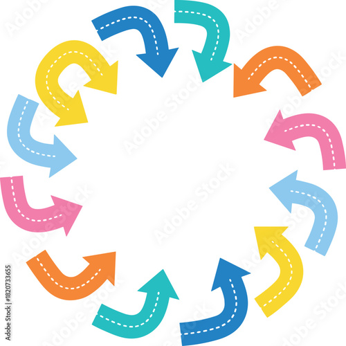 Circular arrow cycle, colorful process vector, clockwise motion design, infographic loop graphic, vibrant flow symbol, dynamic diagram illustration, rotation concept art
