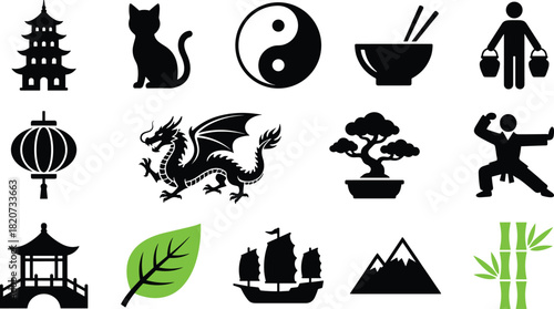 Chinese culture icons, East Asia vector, traditional symbol set, oriental heritage design, philosophy nature artwork, martial art graphic, cultural theme illustration