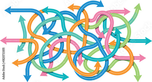 Colorful arrow maze, abstract direction pattern, tangled path design, decision concept, vibrant vector, navigation symbol, problem-solving graphic, complexity illustration