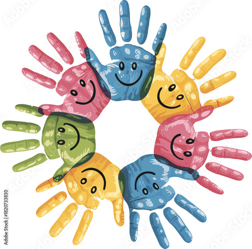 Colorful handprint circle, smiling face design, unity diversity artwork, cheerful children illustration, inclusive community symbol, playful educational concept graphic