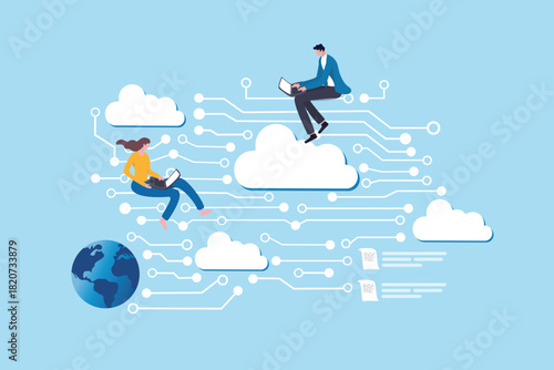Cloud computing service, online network server or database system, digital information connection, storage backup innovation, businessman and woman working with computer on cloud computing network.