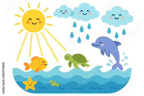Joyful Ocean Cycle. Climate cycle ocean scene with sunbeams, smiling clouds, raindrops falling into waves, and joyful sea life No