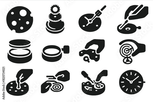 Watch Assembly Icons. Solid style icons of Watch assembly: movement plate, gear stack, winding stem, hands fitting, case sealing,