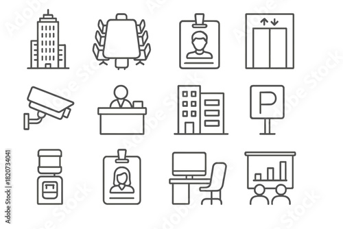 Corporate Icon Set. Line style icons of corporate environment: skyscraper, conference table, ID badge, elevator; security camera,