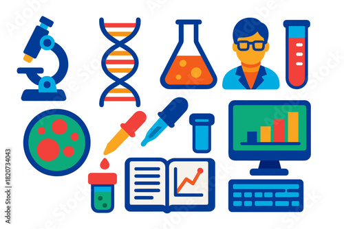 Colorful Medical Icons. Flat vector icons of Medical Research: Microscope, DNA Helix, Lab Flask, Test Tube, Petri Dish, Pipette,