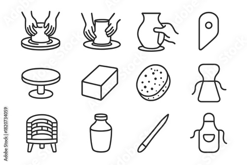 Pottery Making Icons. Line style icons of Pottery Making: Centering Clay, Pulling Wall, Shaping, Rib Tool; Potter’s Wheel, Clay