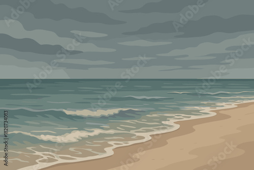 Moody Coastal Serenity. Serene beach scene with gentle waves vector illustration lapping at the shore under a gray moody sky,