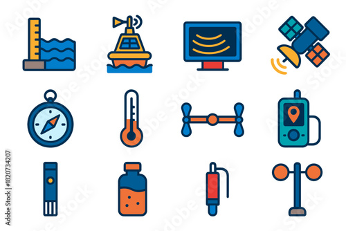 Oceanography Tools Icons. Flat vector icons of oceanography tools: tide gauge, weather buoy, sonar device, satellite, compass,