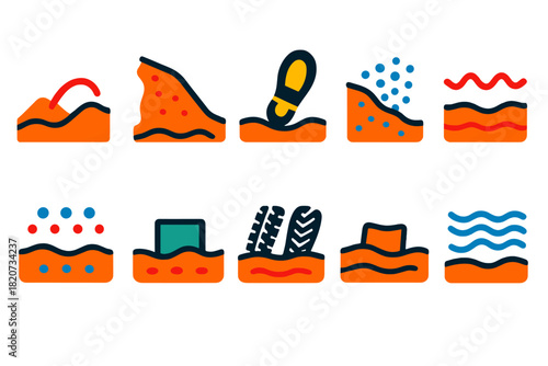 Dynamic Terrain Icons. Flat vector icons of terrain interaction: sand displacement, slope slip, footprint imprint, granular flow,