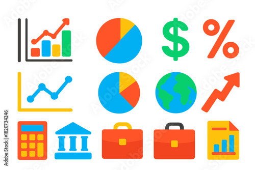 Bold Economic Icons. Flat vector icons of Economic Indicators: Graph, Chart, Dollar Sign, Percent, Line Graph, Pie Chart, Globe,