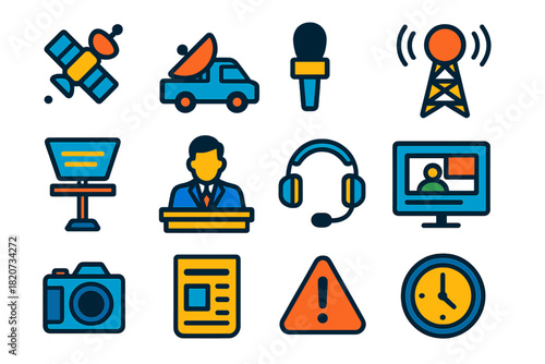 Broadcasting Icon Set. Flat vector icons of News & Broadcasting: Satellite, News Van, Microphone, Broadcast Tower, Teleprompter,