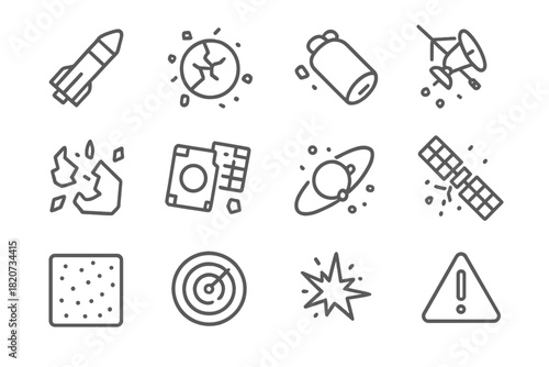 Space Debris Icons. Line style icons of space debris: rocket body, shattered lens, fuel tank, detached antenna; collision fragment
