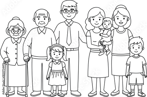 Black and white hand-drawn vector sketch illustration of a large happy multi-generational family portrait standing together, including grandparents, parents, 